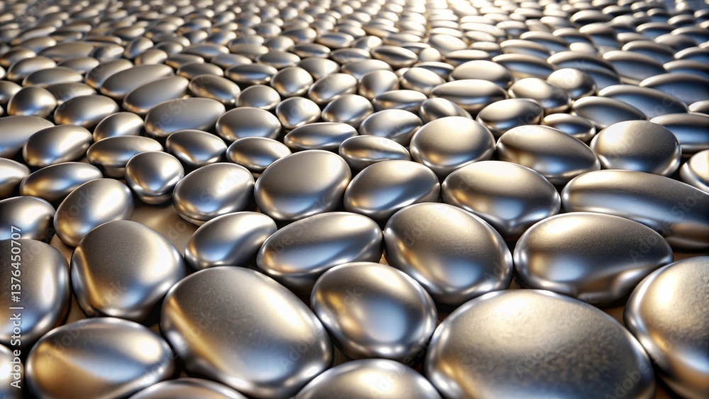Poster a smooth surface of polished metallic pebbles, gleaming under a soft light, creates a textured, refl