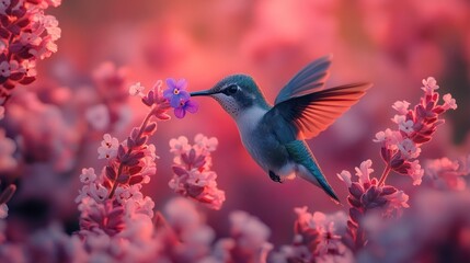 Fototapeta premium Hummingbird in flight, feeding on purple flower amidst pink blossoms at sunset.