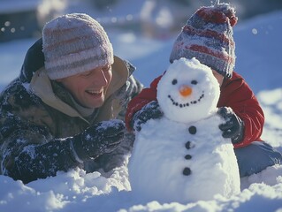 Winter Fun: Joyful Family Snowman Playtime in a Snowy Wonderland