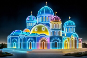 Fototapeta premium A cyberpunk version of CzÄ™stochowa, where neon-lit monasteries glow against a futuristic skyline