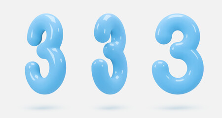 Set blue glass icon, 3d render number 3, three sign. Realistic design element. Vector illustration isolated on white for postcard, icons, poster, banner, web, design, arts