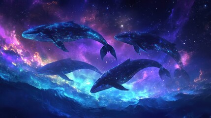 Fototapeta premium Four celestial whales are swimming in a colorful cosmic ocean
