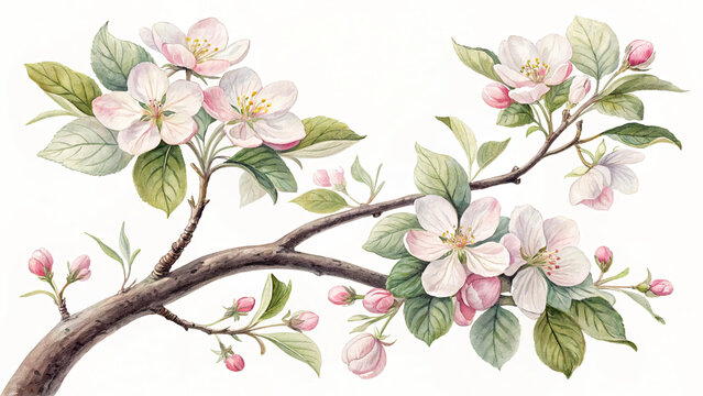 Apple tree branch with buds in watercolor style in pink, white, green and brown colors symbolizing spring and nature