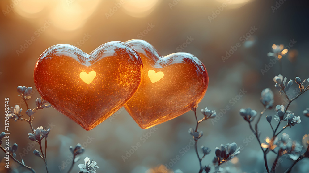 Wall mural a light gradient background with glowing intertwined hearts, small floral patterns and minimal abstr