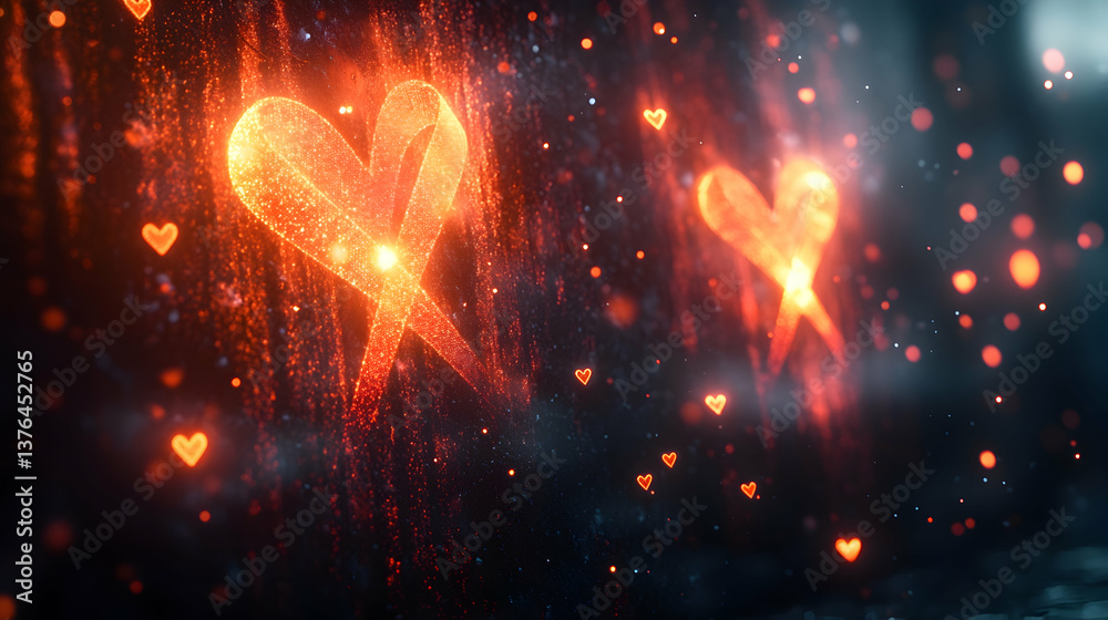 Poster a light gradient background with glowing floating ribbons, small heart symbols and minimal abstract 