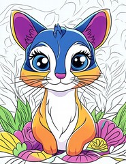 Whimsical Kitten: A charming, hand-drawn style illustration of a kitten with expressive eyes, nestled among vibrant flowers, exudes an aura of playful, childlike wonder and delightful artistry.