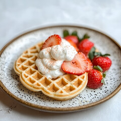 heart-shaped waffles lie on a plate on top of strawberries with cream on a white background side view