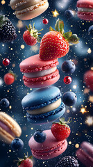 professional photography of a lot of macarons, strawberries, blueberries, blackberries flying in the cosmos, sparkl stars, dream like