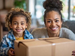 Joyful Mother and Child Unboxing Smiling Present at Home - Happy Family Bonding with Curly Hair and Brown Skin