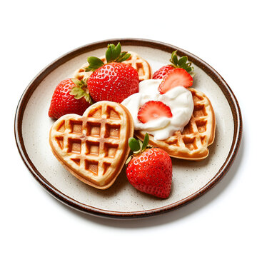 heart-shaped waffles lie on a plate on top of strawberries with cream on a white background side view