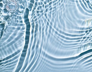 A high-resolution abstract texture of transparent water shadows rippling on a smooth blue surface. Gentle waves and light refractions create organic, flowing patterns, evoking a sense of calm and flui