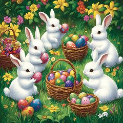 A group of cute white rabbits in the grass, surrounded by colorful Easter eggs and baskets full of spring flowers. The background is a lush green with vibrant floral patterns. This scene embodies an 