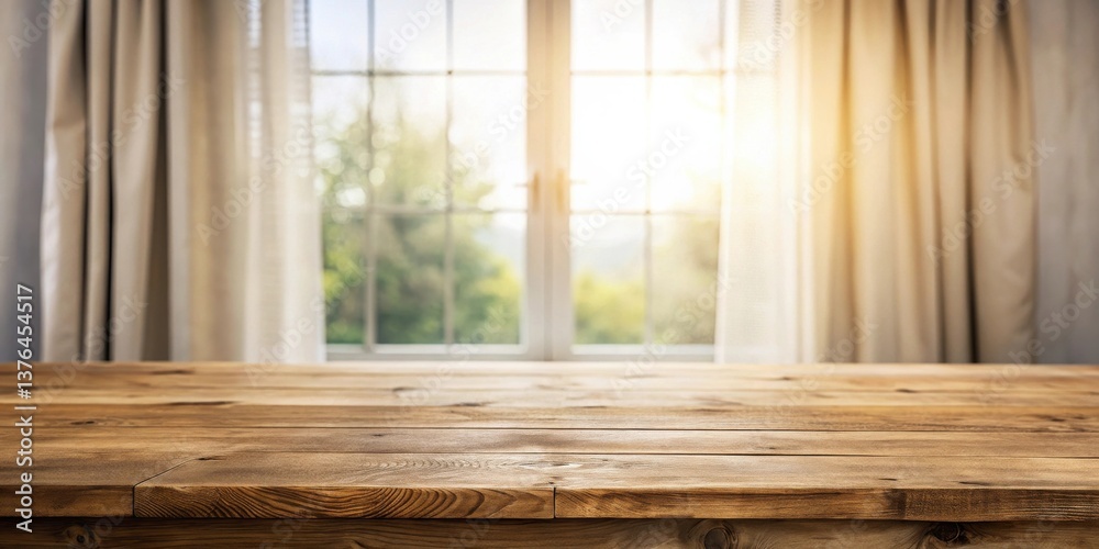 Fototapete rustic wooden tabletop against a brightly lit window with sheer curtains, perfect for displaying pro