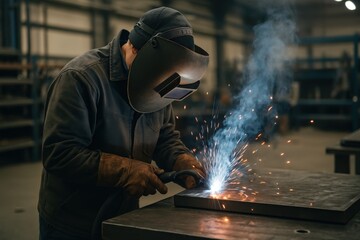 A skilled welder is captured mid-action in an industrial workshop, surrounded by sparks and smoke as he works on metal partsimage.png