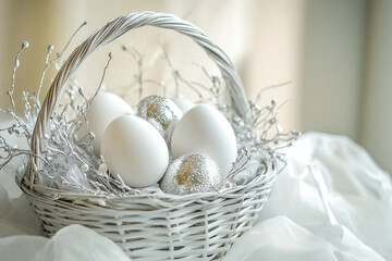 Elegant Easter basket with beautifully decorated eggs in a delicate monochrome theme, symbolizing tradition and celebration, Generative AI