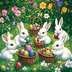 A group of cute white rabbits in the grass, surrounded by colorful Easter eggs and baskets full of spring flowers. The background is a lush green with vibrant floral patterns. This scene embodies an 