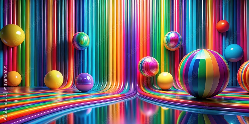 Aufkleber vibrant rainbow stripes and glossy spheres create a playful and colorful abstract scene