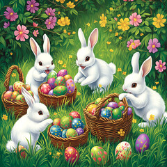 A group of cute white rabbits in the grass, surrounded by colorful Easter eggs and baskets full of spring flowers. The background is a lush green with vibrant floral patterns. This scene embodies an 