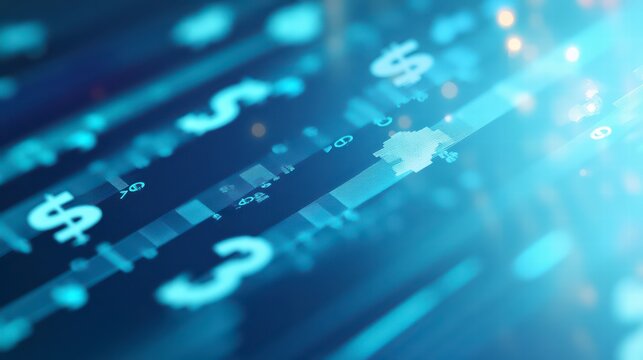 Financial Data Stream: A digital cascade of financial data, with dollar signs and numerical values, flowing across a screen. Evoking the dynamic and complex world of finance and economics.  - Powered by Adobe