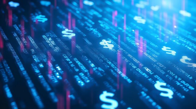 Digital Currency: A modern, dynamic composition of abstract digital data and currency symbols suggests the dynamic world of finance and online currency transactions.