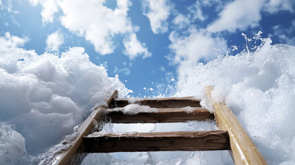 Wooden ladder leading to blue sky above foamy ocean waves, evoking adventure