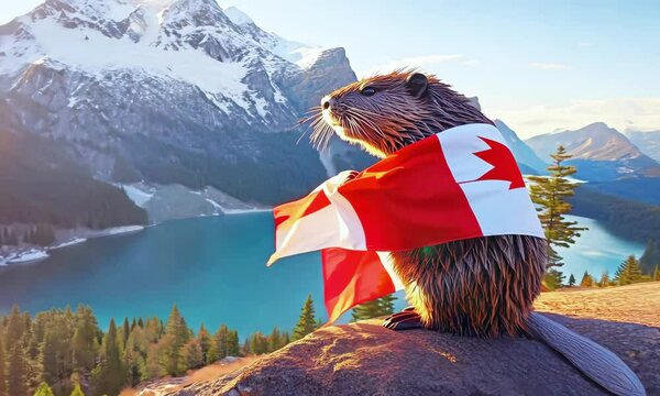Beaver wrapped in Canadian flag by lake with mountains in background. Close-up of beaver against Canadian flag. Canada Day holiday. National celebration and patriotism concept. Banner, poster