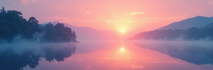 Fototapeta premium Soft pastel sunrise over tranquil lake, gentle mist, serene, tranquil, nature