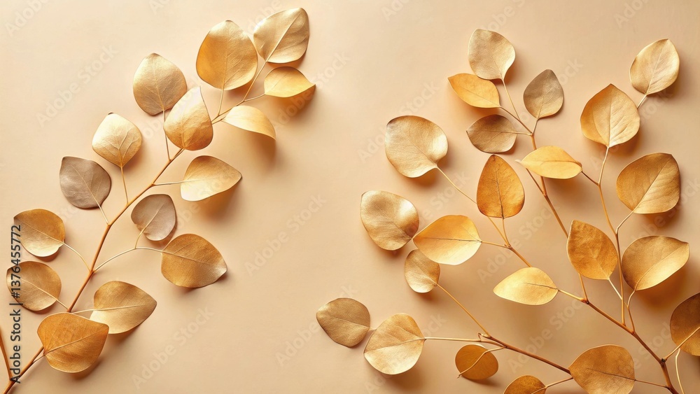 Poster elegant golden foliage arranged symmetrically on a soft beige background, creating a luxurious and r