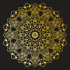 A symmetrical golden mandala on a black background, featuring intricate, delicate lines and radiating patterns. Blending tradition with modern elegance, it exudes luxury and minimalist sophistication