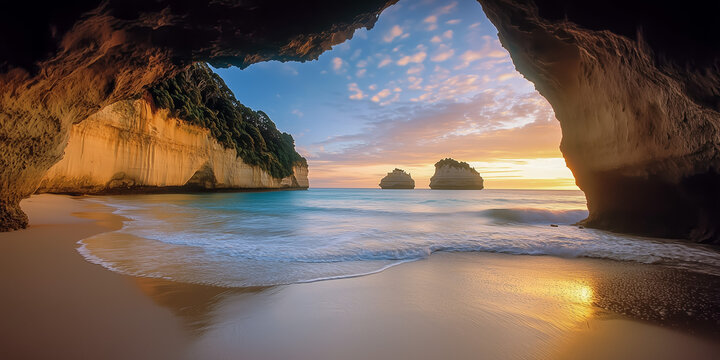 Scenic view of beach through rock formation at sunset
