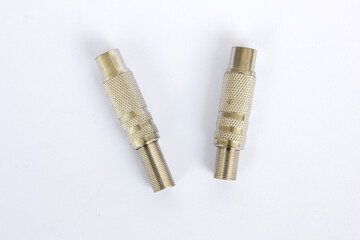 Two Male F type connectors, TV antenna jack, isolated on white background.