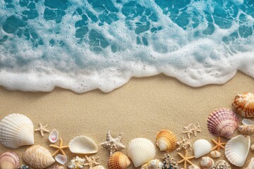 Seashells and Waves: A captivating coastal scene featuring a vibrant ocean wave rolling onto a sandy beach, adorned with a diverse array of seashells and starfish.