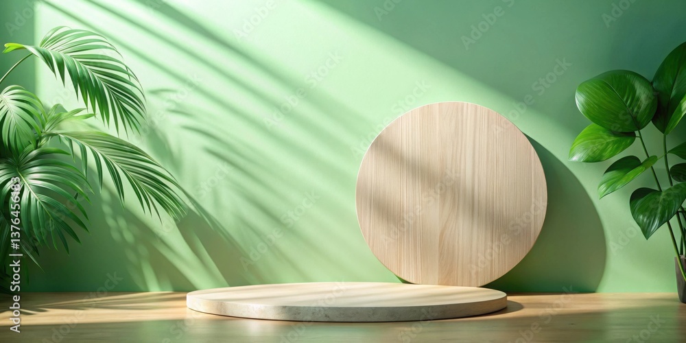 Poster serene minimalist display featuring circular wooden platforms and lush greenery against a soft green
