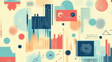 Abstract Data Visualization: An artistic representation of complex data, displayed through colorful geometric shapes, charts, and graphs, suggesting interconnectedness and the flow of information