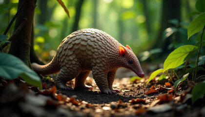 Obraz premium A pangolin with scales, small eyes, and a long snout walking on the ground with leaves in a forest