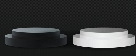 Two cylindrical podiums, one dark (likely black or dark gray) and the other white, are presented side-by-side against a dark checkered background.  Each podium has a stepped design, with a wider base 