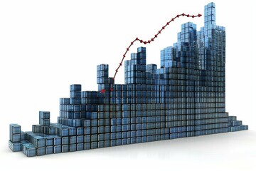 Modern blue bar graph with red roof house icon and dynamic arrow on a clean white background