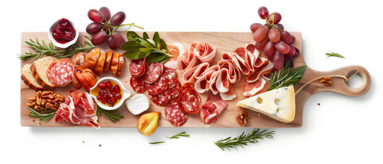 Wooden board with artisan meats and cheeses, ham, salami and red grapes