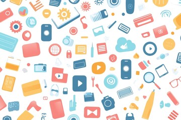 Vibrant flat vector background with colorful technology icons in circular composition for marketing