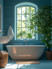a bathroom with bab- blue color theme, cream-white tiles, creating a soft space, blue color scheme , Italian simile style ,there's no tree outside

