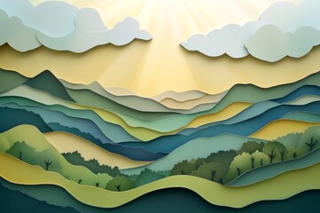 Layered paper cut illustration of hills and trees with sunbeams and clouds in a 3d landscape