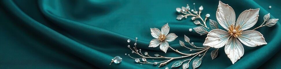 Opulent silver filigree blossoms on dark teal silk , luxury, scroll