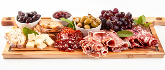 Artisan wooden board with a variety of fresh meats and cheeses, ham, salami and fruits