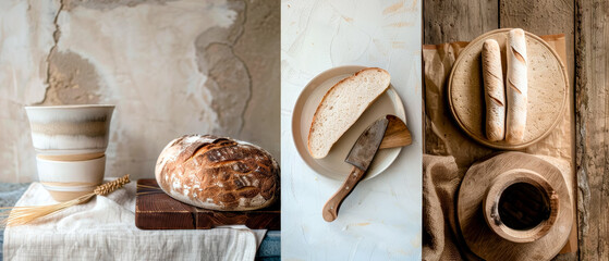 Collage of three images of freshly made bread, rustic and cozy scene
