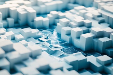 Abstract 3d render of blue and white cubes forming a map on a flat background with dramatic lighting