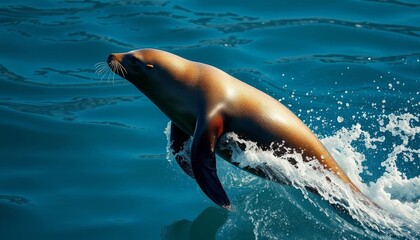 Majestic Sea Lion Emerging from Ocean Depths, Graceful Movement Through Sparkling Water, A Moment of Wild Beauty