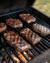 Grilled steaks cooking on open flame barbecue outdoors