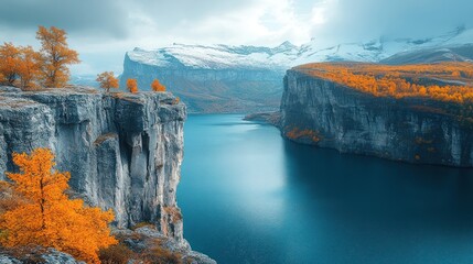 Fototapeta premium Majestic autumnal landscape steep cliffs, vibrant foliage, serene lake, snow-capped mountains, dramatic sky.