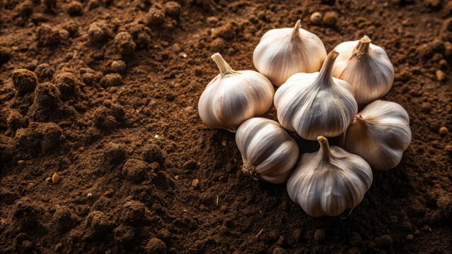 A cluster of freshly harvested garlic bulbs rests gently on dark, fertile soil, showcasing the bounty of the harvest and the earth's natural abundance.