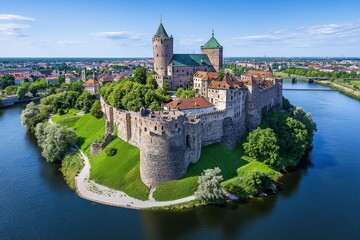 Fototapeta premium A high-resolution 3D digital postcard featuring a bird-eye view of Wawel Castle and the Vistula River